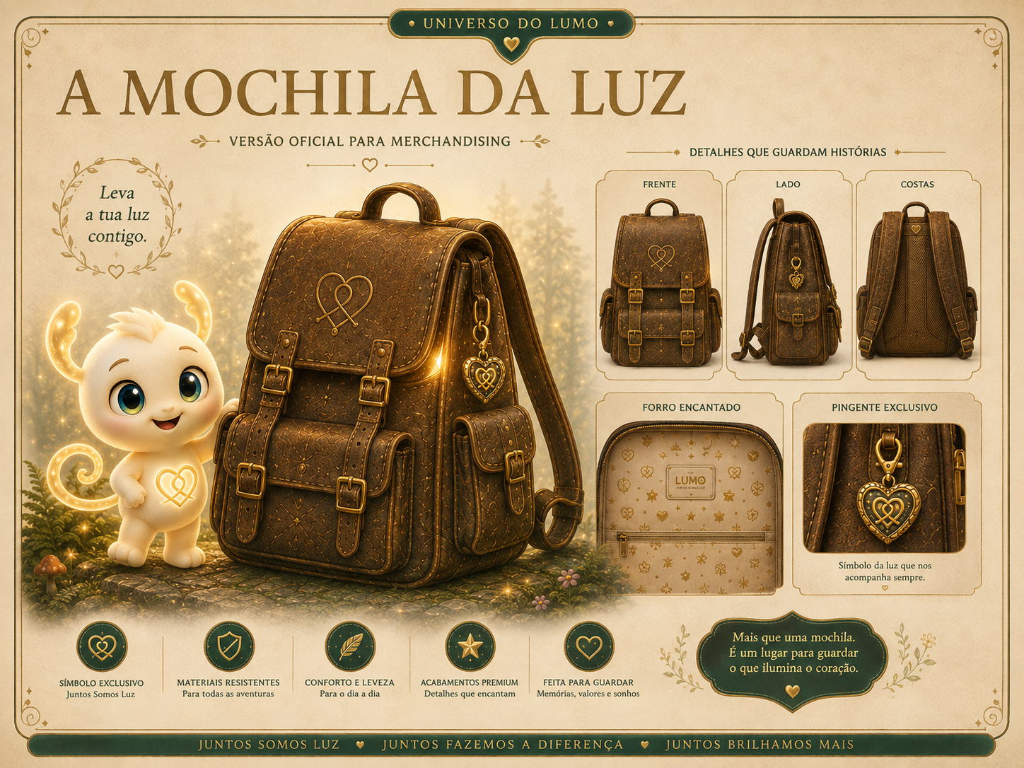 Imagem exemplificativa: Mochila da Luz — castanha, design do universo Lumo.
