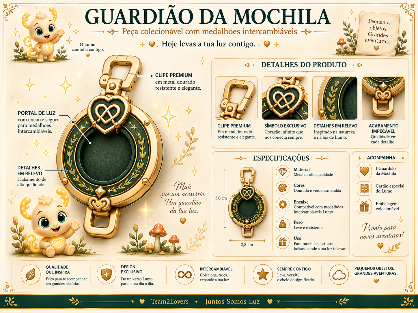 Imagem exemplificativa: Guardião da Mochila — suporte, design do universo Lumo.