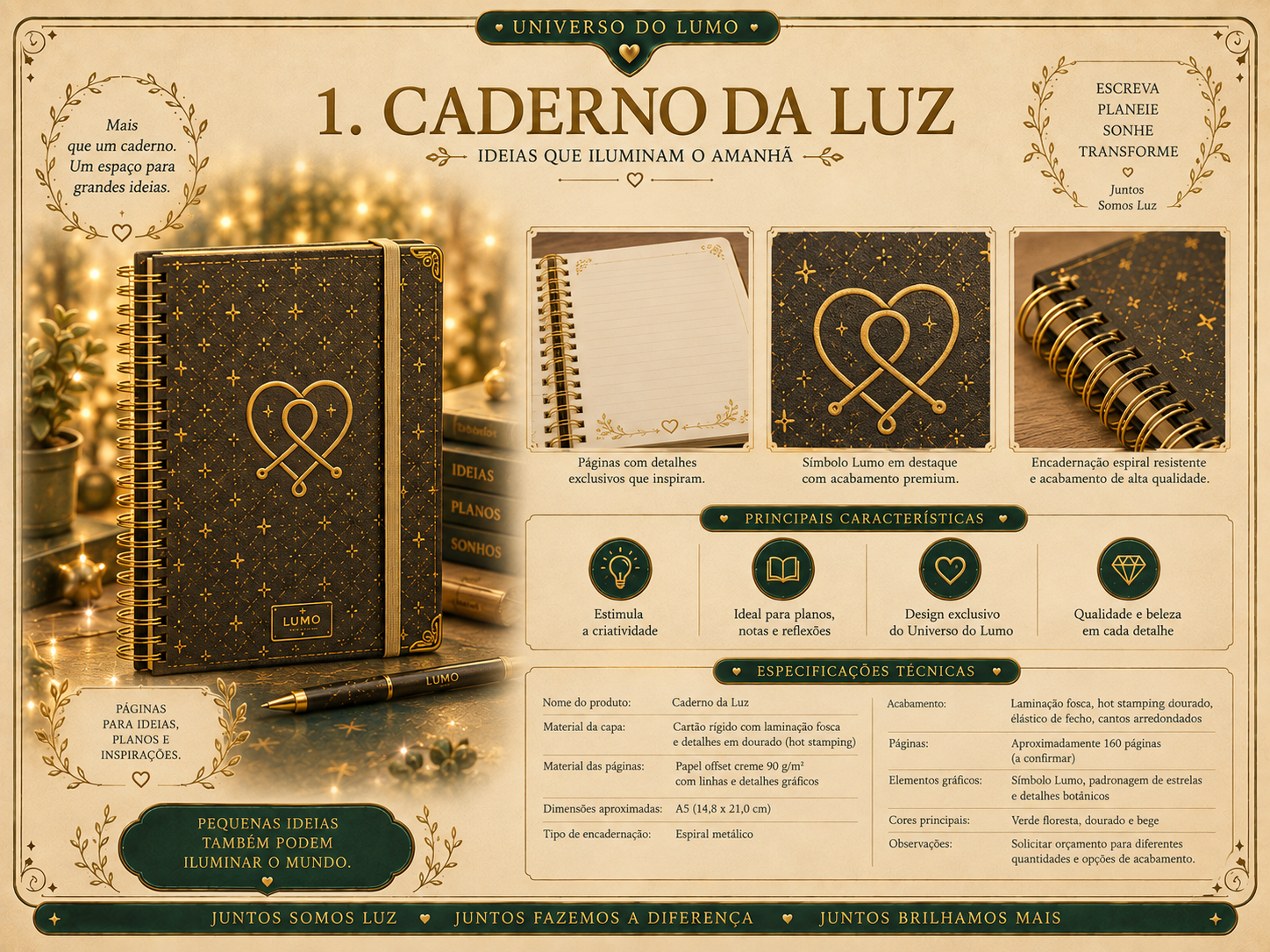 Imagem exemplificativa: Caderno da Luz — castanho, design do universo Lumo.