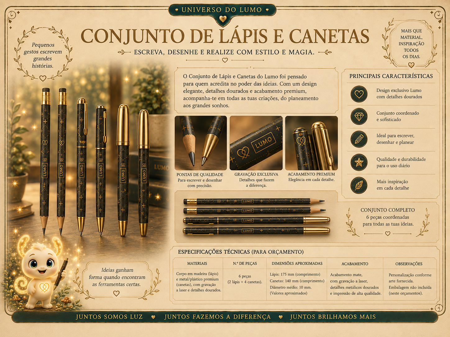 Imagem exemplificativa: Conjunto de lápis e canetas Lumo, design do universo Lumo.