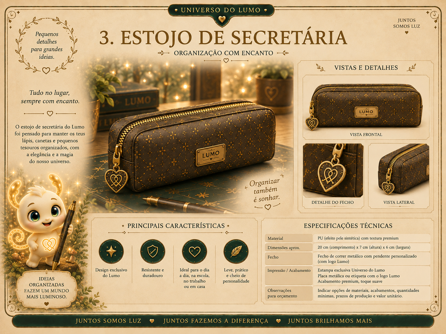 Imagem exemplificativa: Estojo de Secretária — castanho, design do universo Lumo.