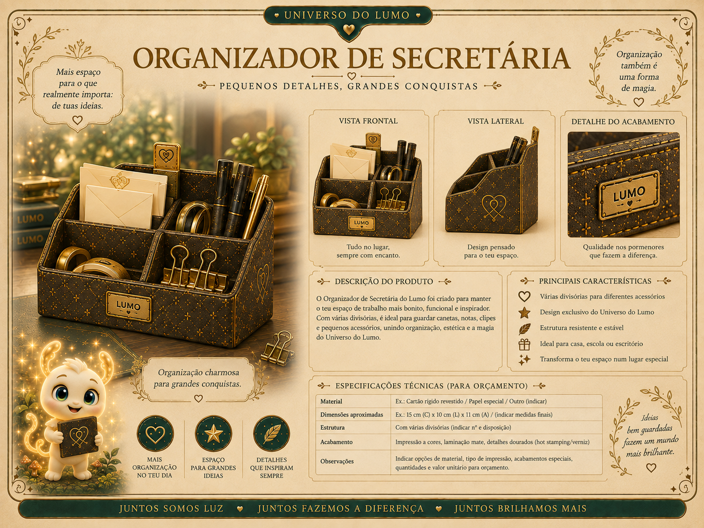 Imagem exemplificativa: Organizador de Secretária — castanho, design do universo Lumo.