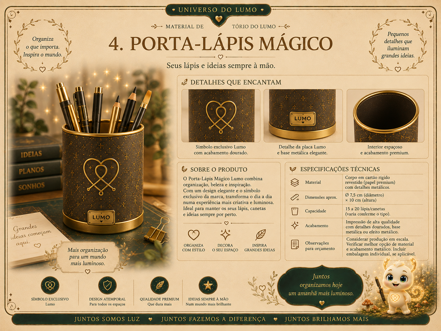 Imagem exemplificativa: Porta-lápis Mágico — castanho, design do universo Lumo.