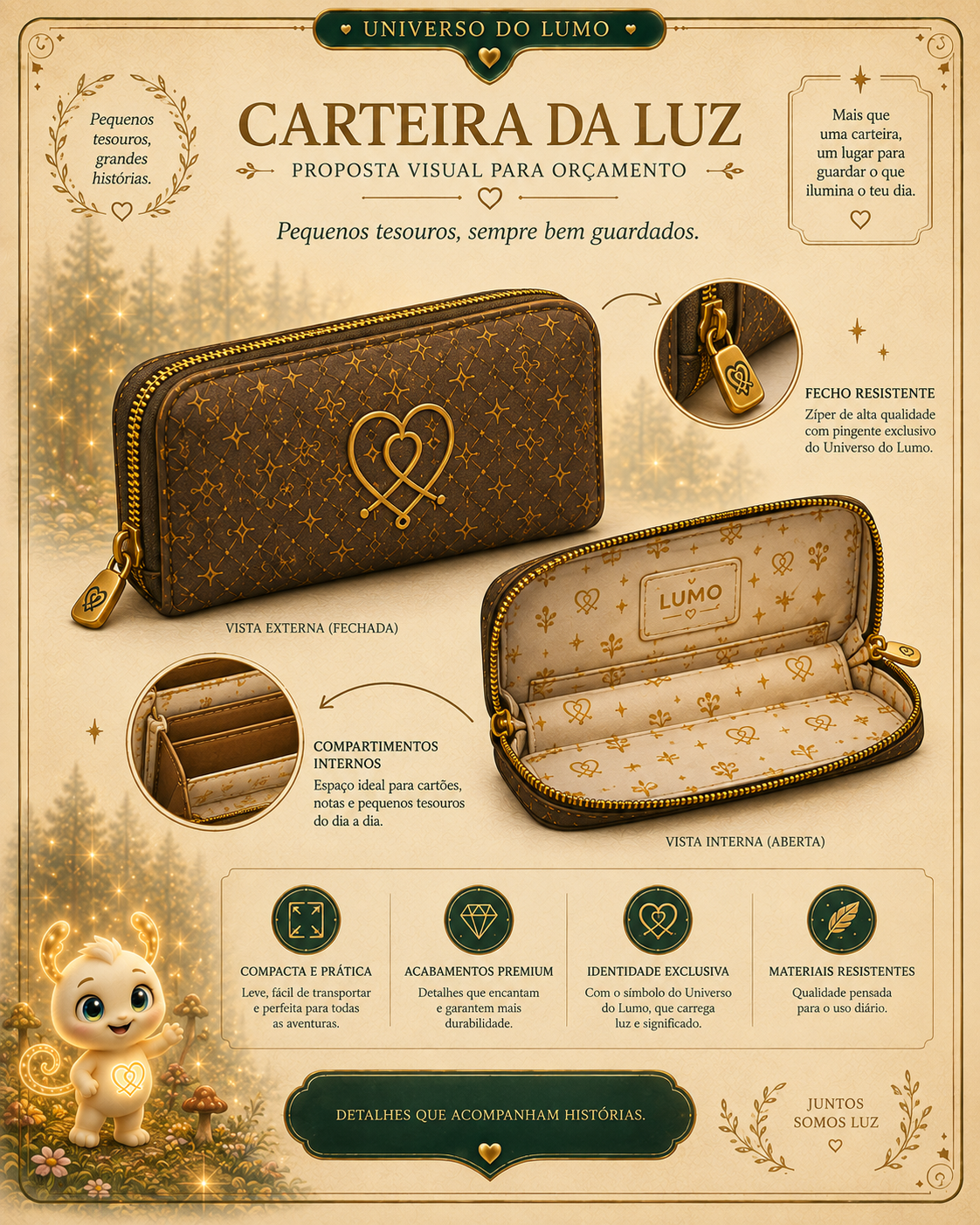 Imagem exemplificativa: Carteira da Luz — castanha, design do universo Lumo.