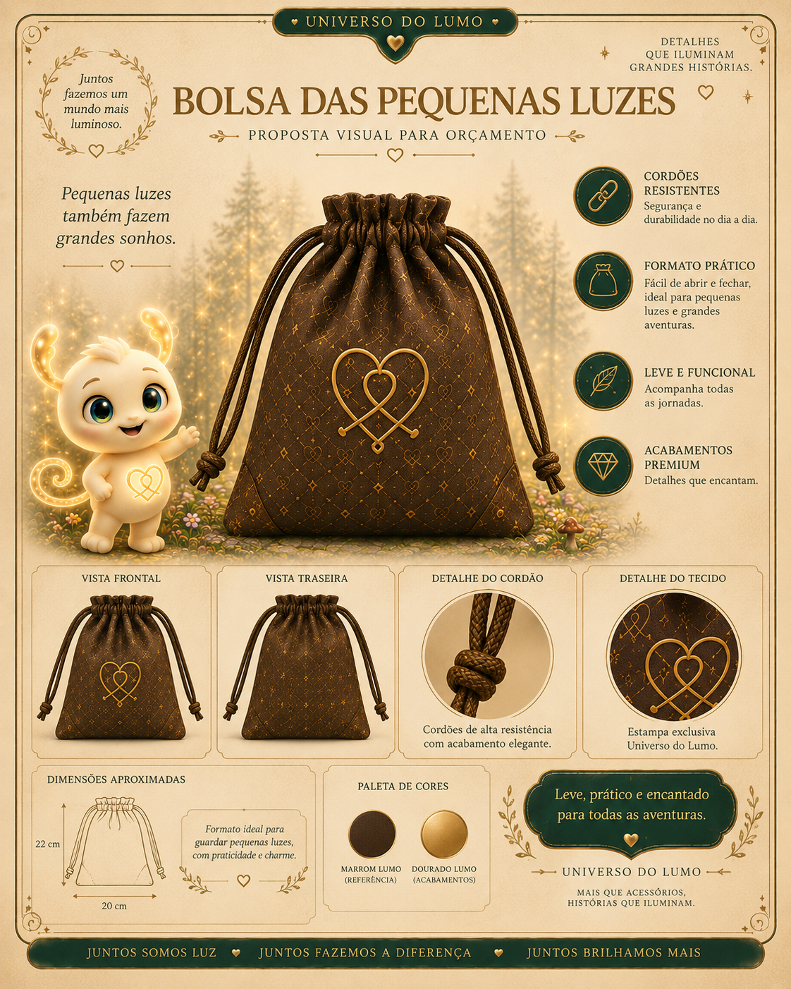 Imagem exemplificativa: Bolsa das Pequenas Luzes — castanha, design do universo Lumo.