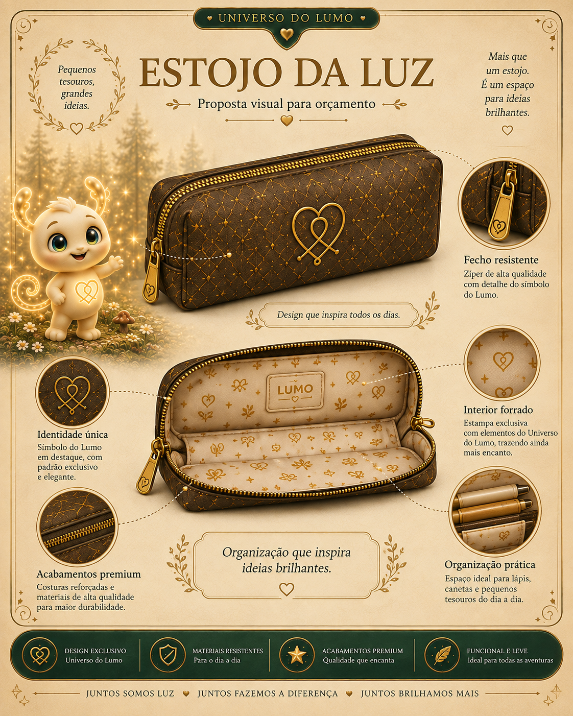 Imagem exemplificativa: Estojo da Luz — castanho, design do universo Lumo.