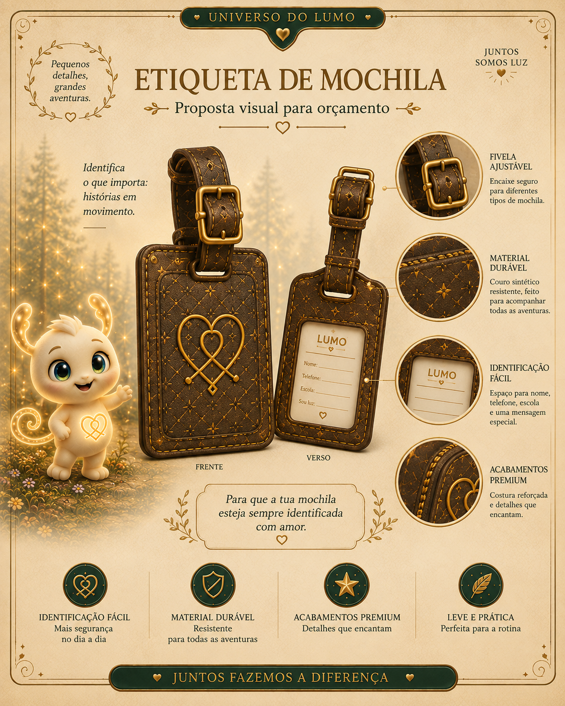 Imagem exemplificativa: Etiqueta de Mochila — castanha, design do universo Lumo.