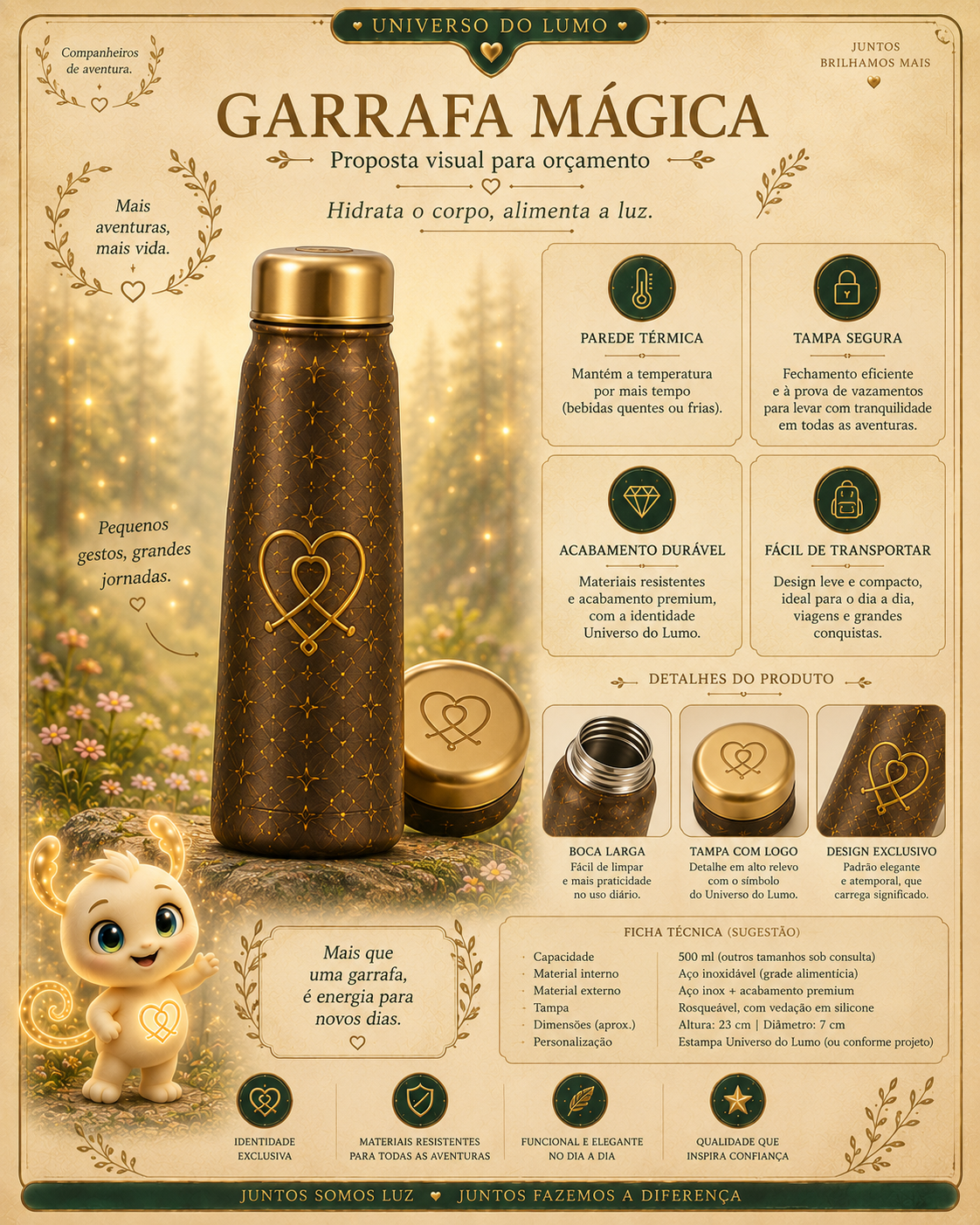 Imagem exemplificativa: Garrafa Mágica — castanha, design do universo Lumo.
