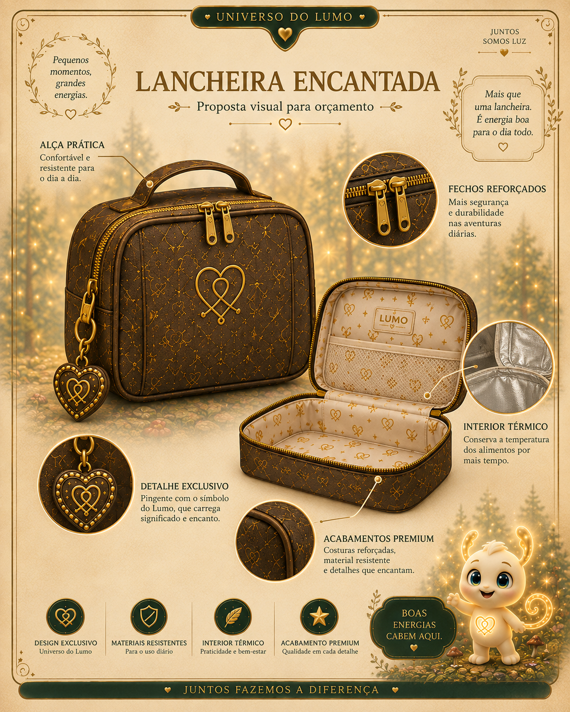 Imagem exemplificativa: Lancheira Encantada — castanha, design do universo Lumo.
