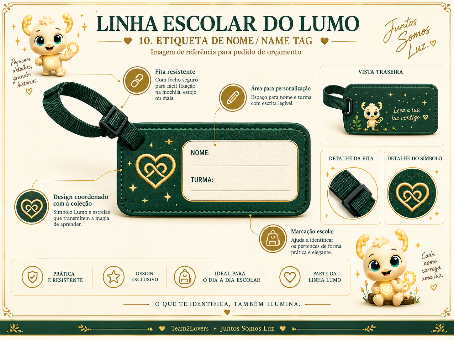 Imagem exemplificativa: Etiqueta de nome Lumo — verde, design do universo Lumo.