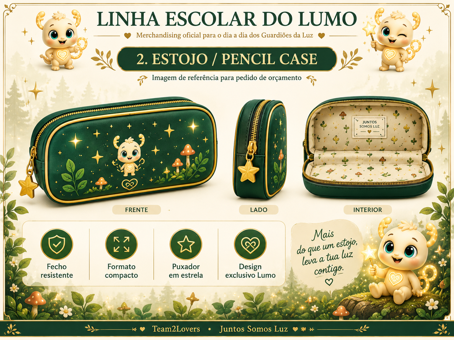 Imagem exemplificativa: Estojo escolar Lumo — verde, design do universo Lumo.