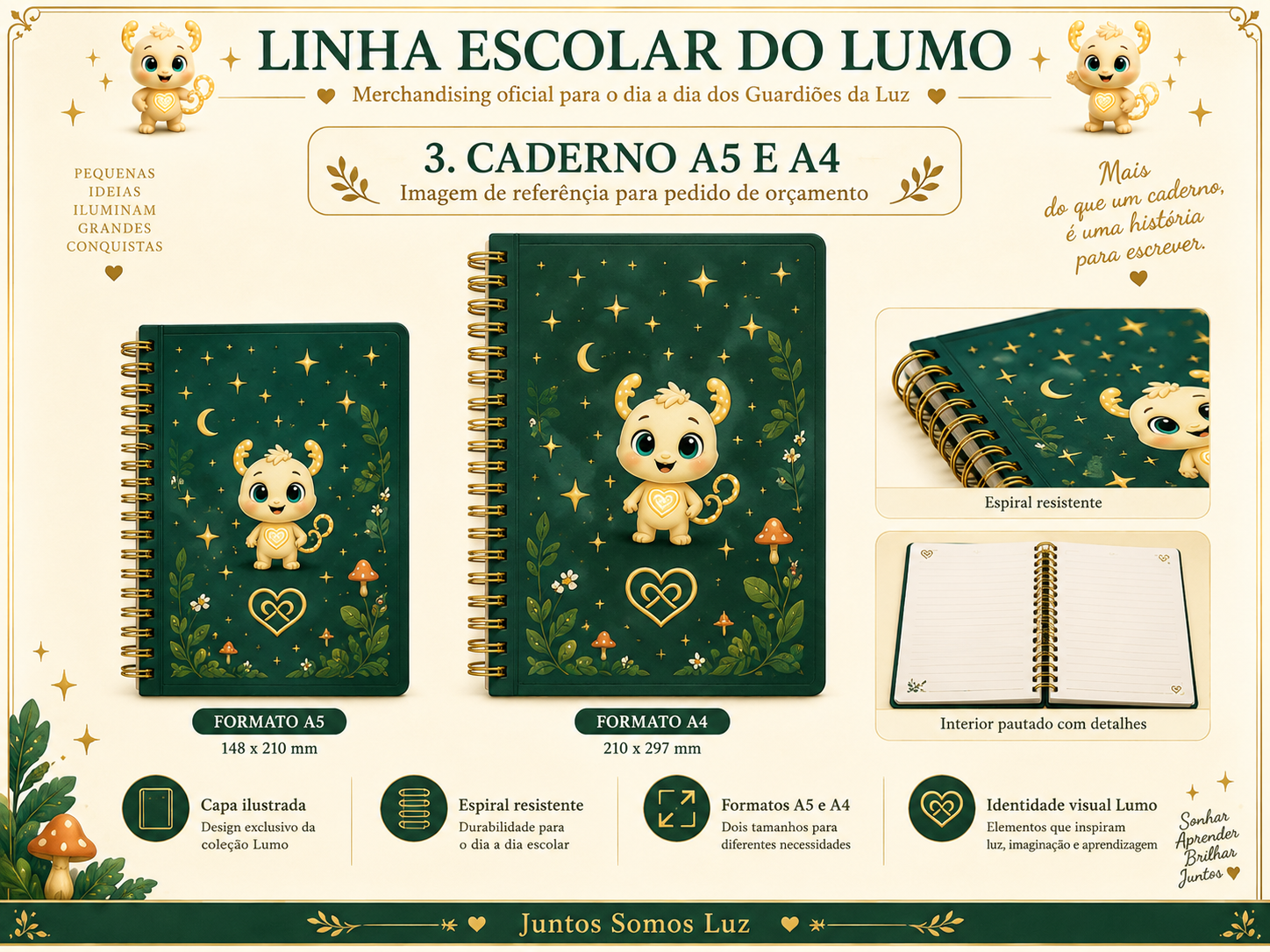 Imagem exemplificativa: Caderno escolar Lumo — A5, design do universo Lumo.