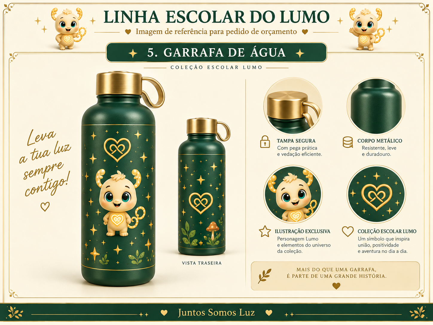 Imagem exemplificativa: Garrafa de água Lumo — verde, design do universo Lumo.