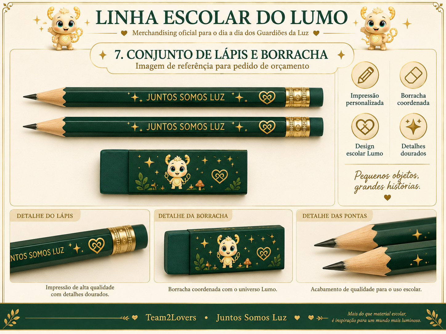 Imagem exemplificativa: Conjunto de lápis e borracha Lumo, design do universo Lumo.