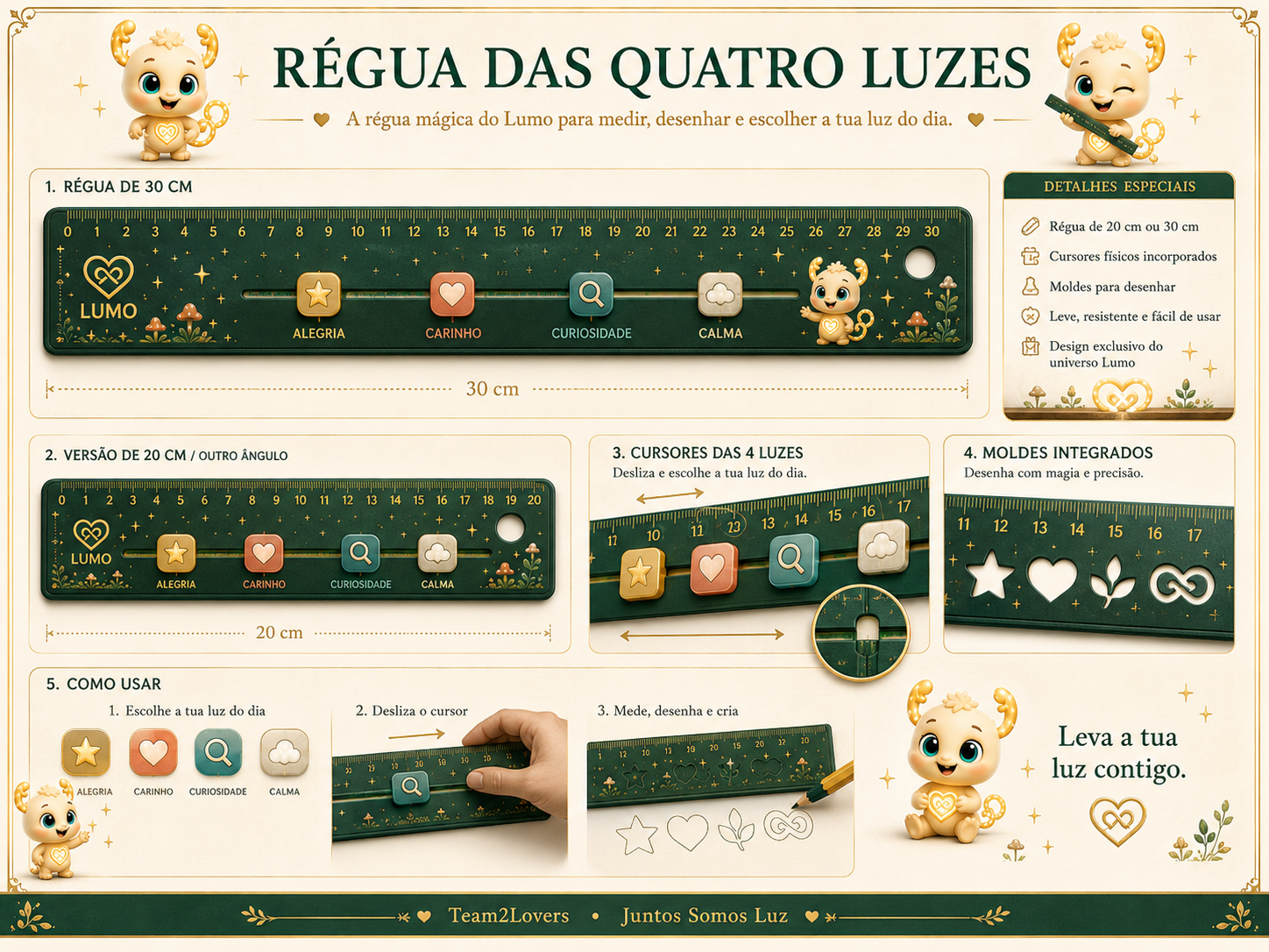 Imagem exemplificativa: Régua das Quatro Luzes — 20 cm, design do universo Lumo.