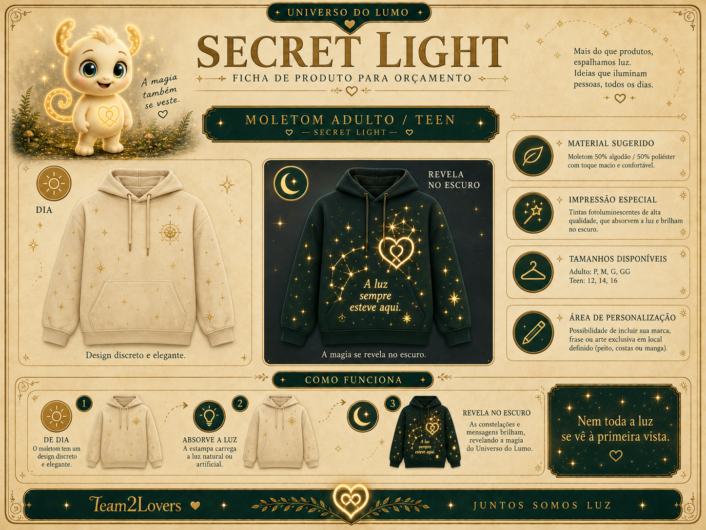 Imagem exemplificativa: Hoodie Secret Light — adulto, design do universo Lumo.