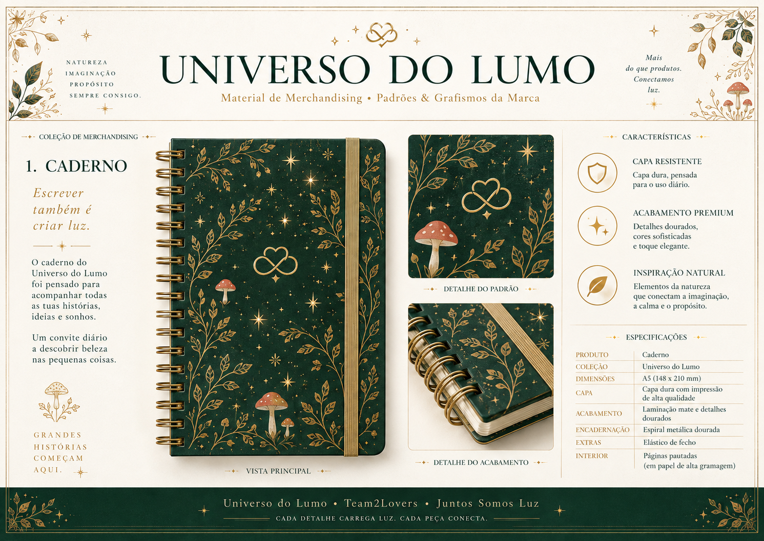 Imagem exemplificativa: Caderno Floresta da Luz, design do universo Lumo.