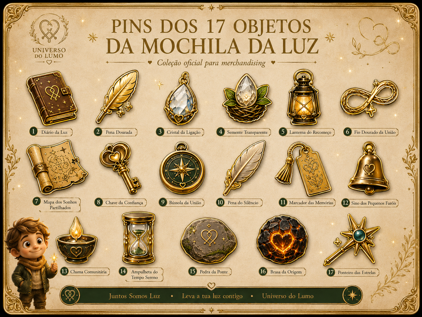 Imagem exemplificativa: Pin dos 17 Objetos — Chave da Confiança, design do universo Lumo.
