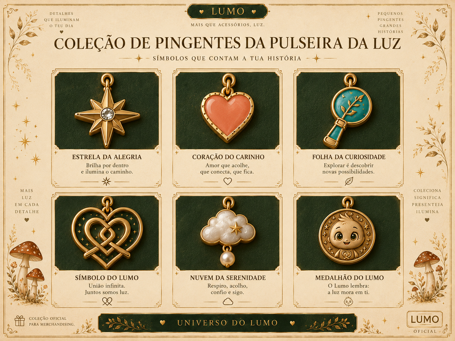 Imagem exemplificativa: Pingente da Pulseira da Luz — Folha da Curiosidade, design do universo Lumo.